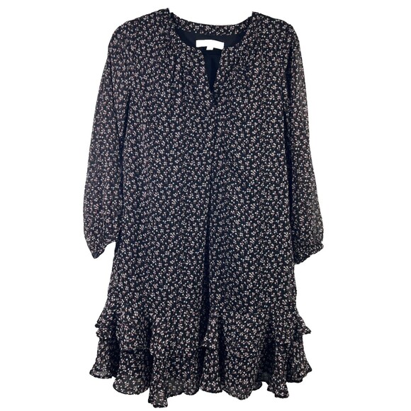 Loft Ruffle Ditsy Floral Vine Dress Knee Length Semi Sheer Long Sleeves Size XS - Picture 1 of 12